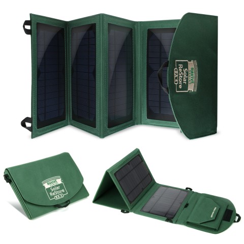 Expanding Solar Charger with Dual USB Ports , Storage Pocket & Carrying Strap - Green