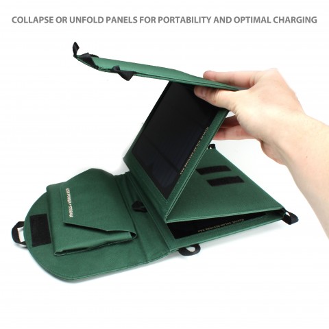 Expanding Solar Charger with Dual USB Ports , Storage Pocket & Carrying Strap - Green