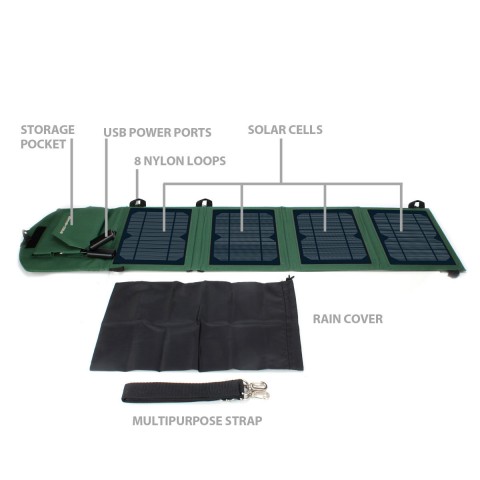 Expanding Solar Charger with Dual USB Ports , Storage Pocket & Carrying Strap - Green