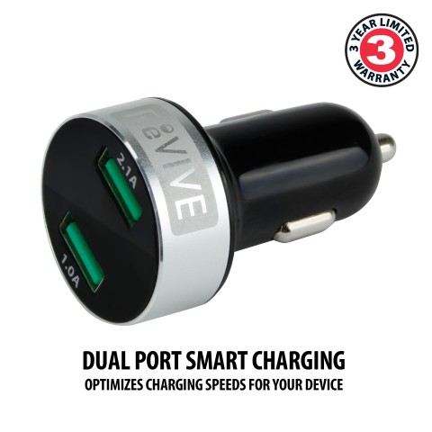 Dual Port Car Charger with Read Out of USB Output and Vehicle Operating Voltage - Black